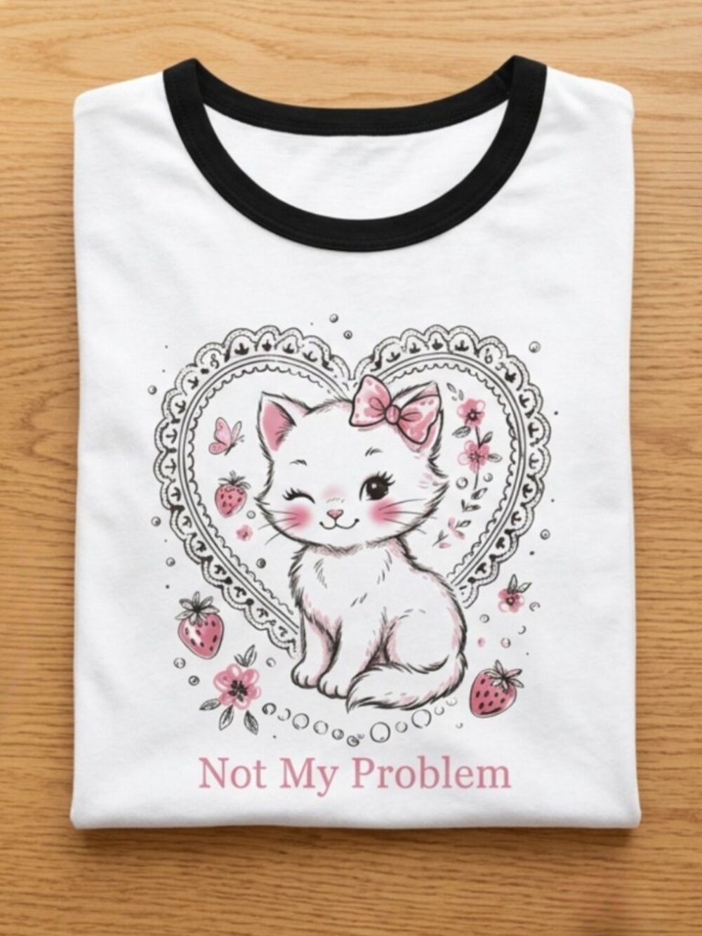 Studio 33 Women’s Not My Problem Kitten Strawberry Graphic Ringer T-Shirt S-XL